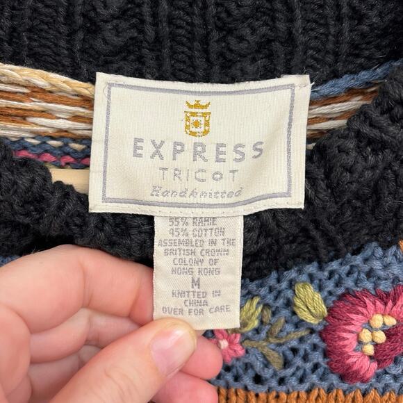 Vintage Handknitted Express Tricot Floral Stripes Chunky Cottage Sweater Medium - Picture 7 of 10